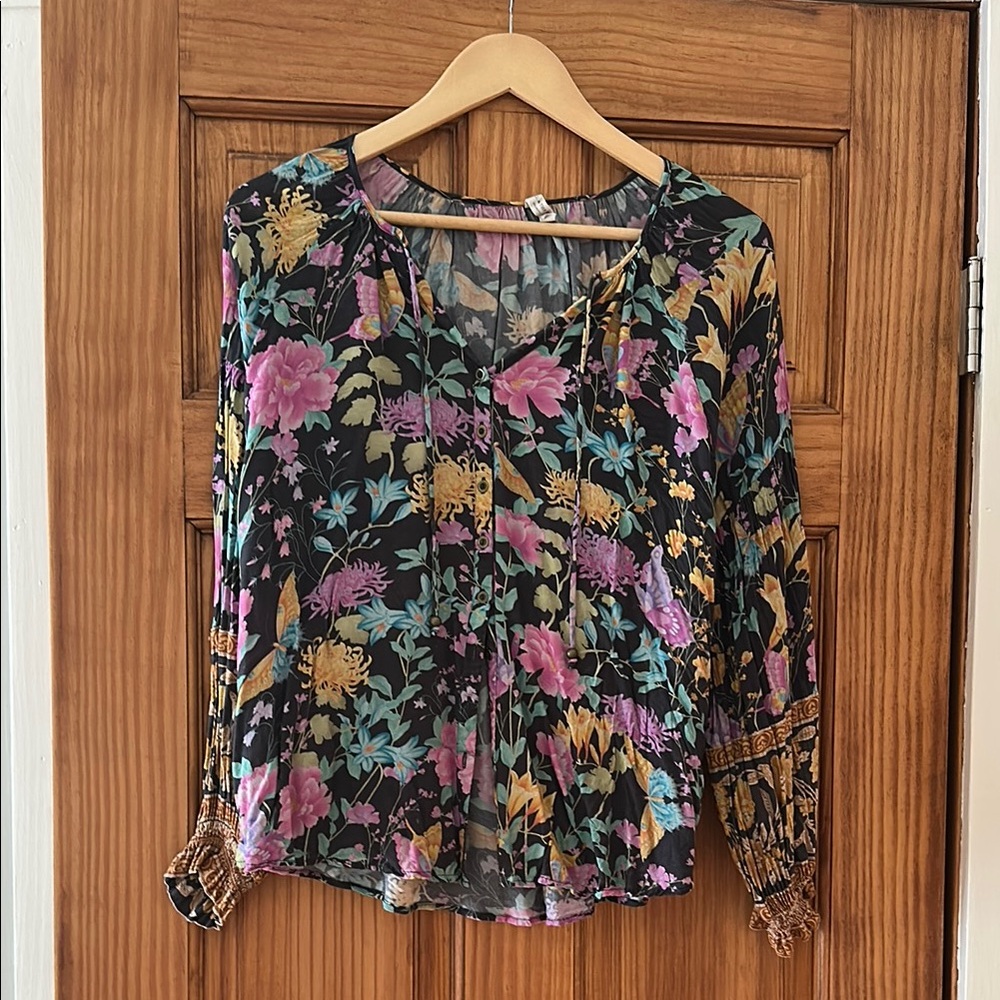 Spell Pink and Green Flutter Sleeve Blouse with Tie Front